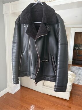 Zara Black Leather Bomber Jacket with Shearling Collar